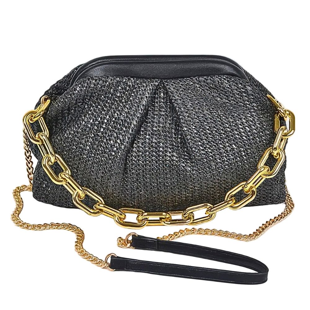 HD ACCESSORIES Straw Woven Clutch Pleated Link Chain Strap Soft Hasp Crossbody