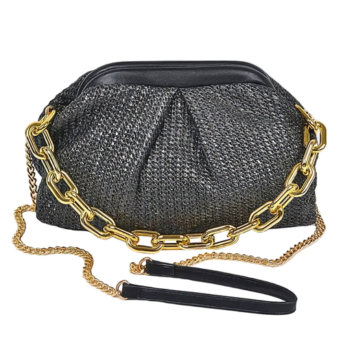 HD ACCESSORIES Straw Woven Clutch Pleated Link Chain Strap Soft Hasp Crossbody