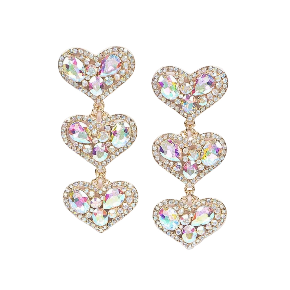 HD ACCESSORIES Three Heart Gem Earrings Rhinestone Beaded Fashion Jewelry