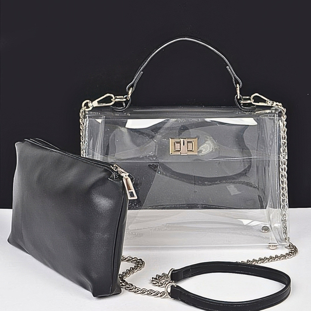 HD ACCESSORIES Transparent Top Handle Flap Chain Bag with Removable Pouch 