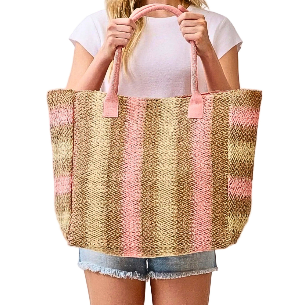 HD ACCESSORIES Woven Stiped Straw Beach Handbags Large Multi-Color Tote Bags