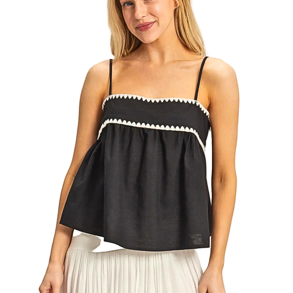 HYFVE Babydoll Cami Top Ruffle Contrast Lace Scalloped Trim Sleeveless Blouse