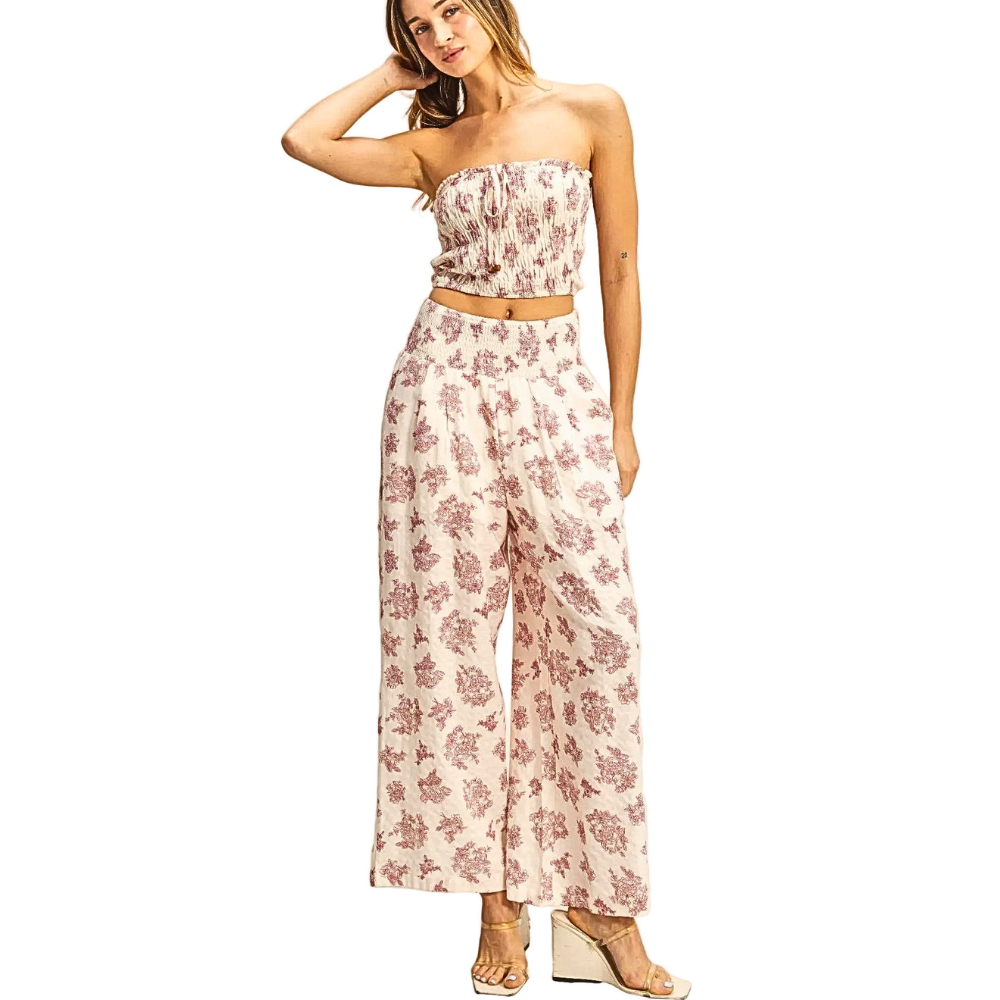 HYFVE Casual Outfit Set Floral Strapless Smocked Tube Top and Wide-Leg Pants
