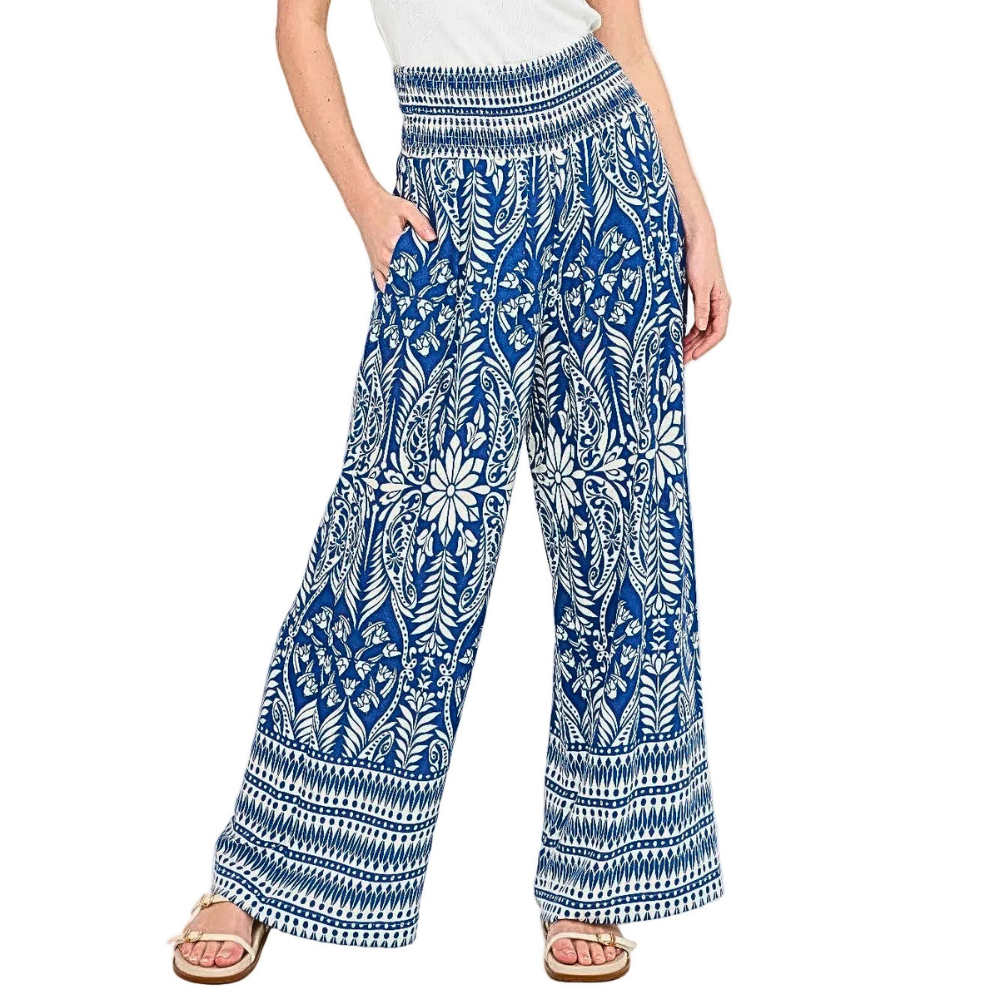 HYFVE Floral Blue Pants Boho Print Smocked Elastic High Waist Loose Trousers