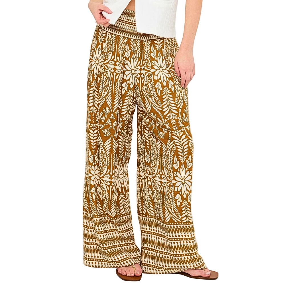 HYFVE Floral Pants Boho Print Light Brown Smocked Elastic High Waist Loose Pants