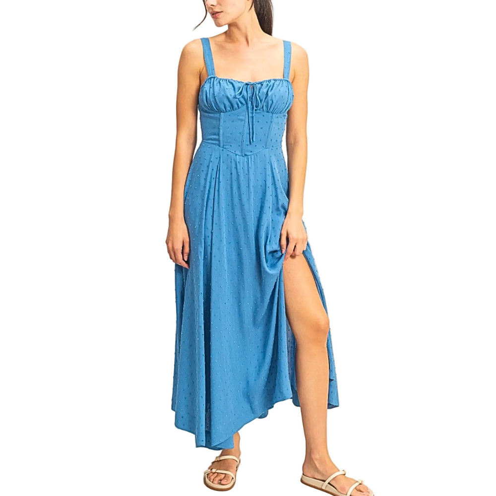 HYFVE Midi Dress Blue Swiss Dot Drawstring Bust Strappy Boned Tie-back Side Slit