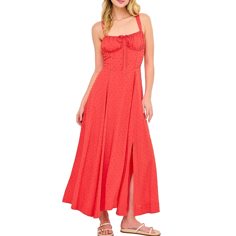 HYFVE Midi Dress Red Swiss Dot Drawstring Bust A-Line Boned Tie-back Side Slit