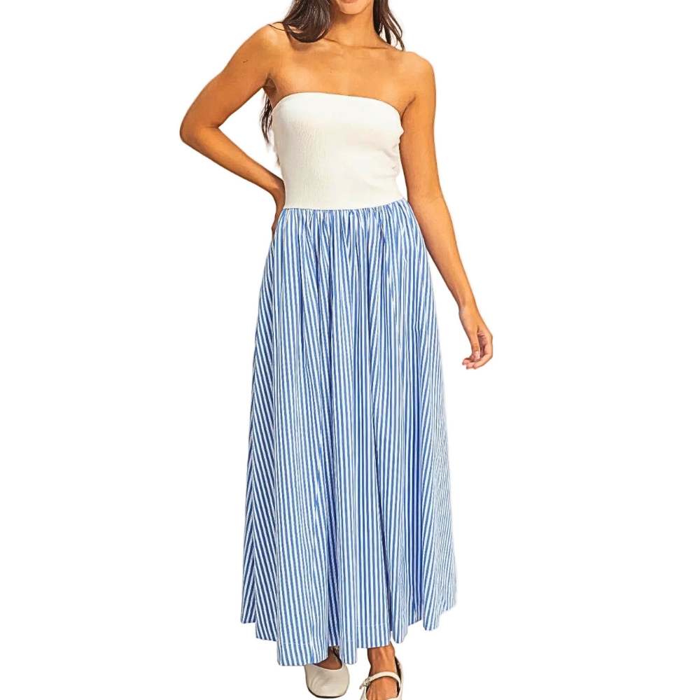 HYFVE Midi Dress Strapless Flowy Striped Light Blue Off Shoulder Ruffle Cotton Dress