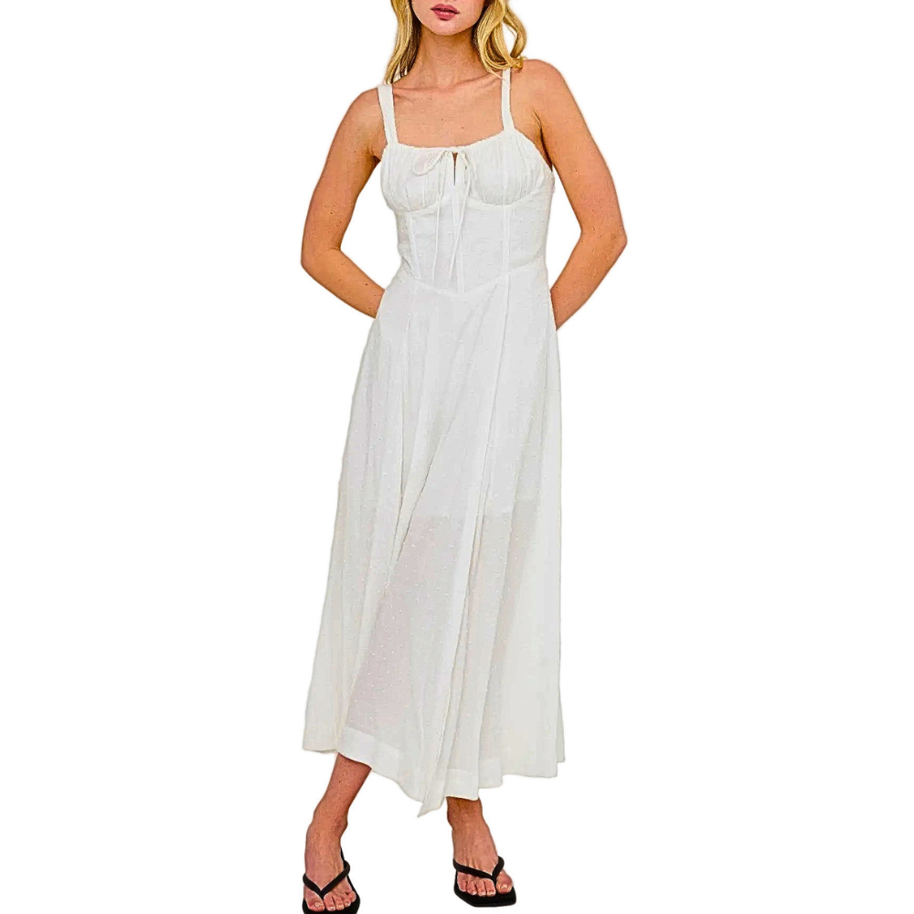 HYFVE Midi Dress White Swiss Dot Drawstring Bust Strappy Boned Tie-back Side Slit