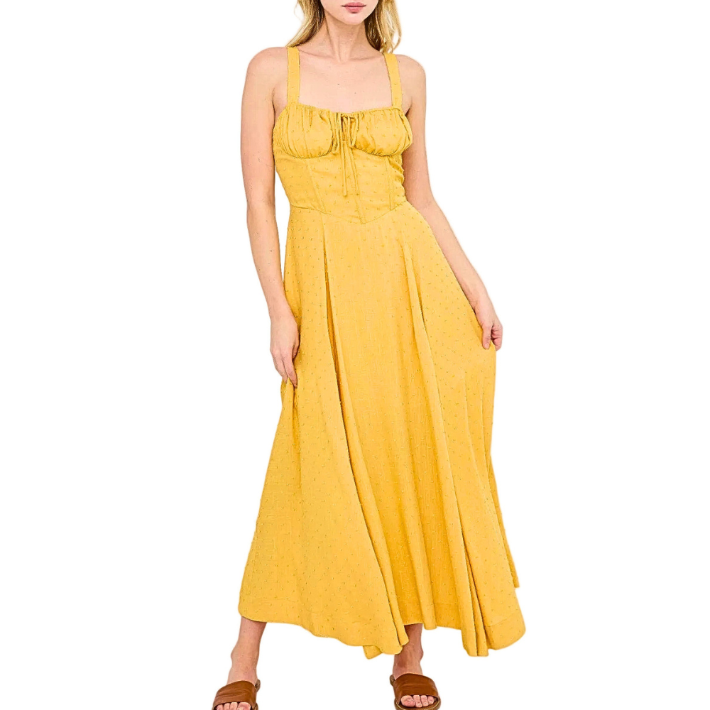 HYFVE Midi Dress Yellow Swiss Dot Drawstring Bust A-Line Boned Tie-back Side Slit