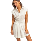 HYFVE Mini Dress Sleeveless Collared V-Neck Shirred Cotton White Elastic Waist