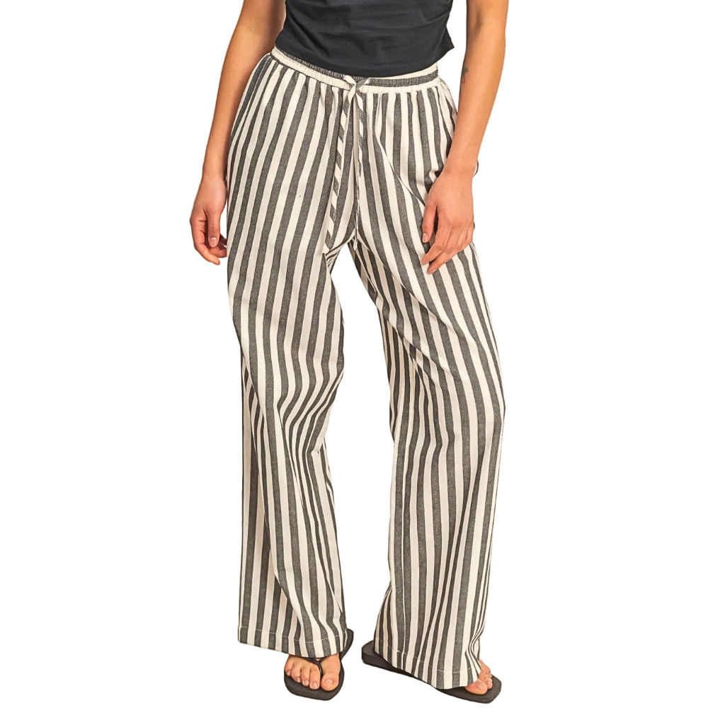 HYFVE Pants Vertical Striped Black Drawstring Waist Casual Loose With Side Pockets
