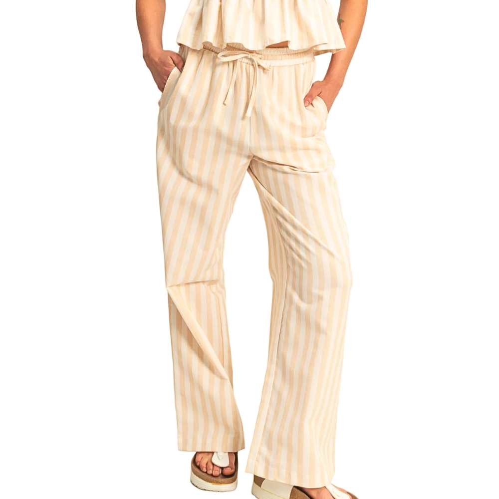 HYFVE Pants Vertical Striped Black Drawstring Waist Casual Loose With Side Pockets