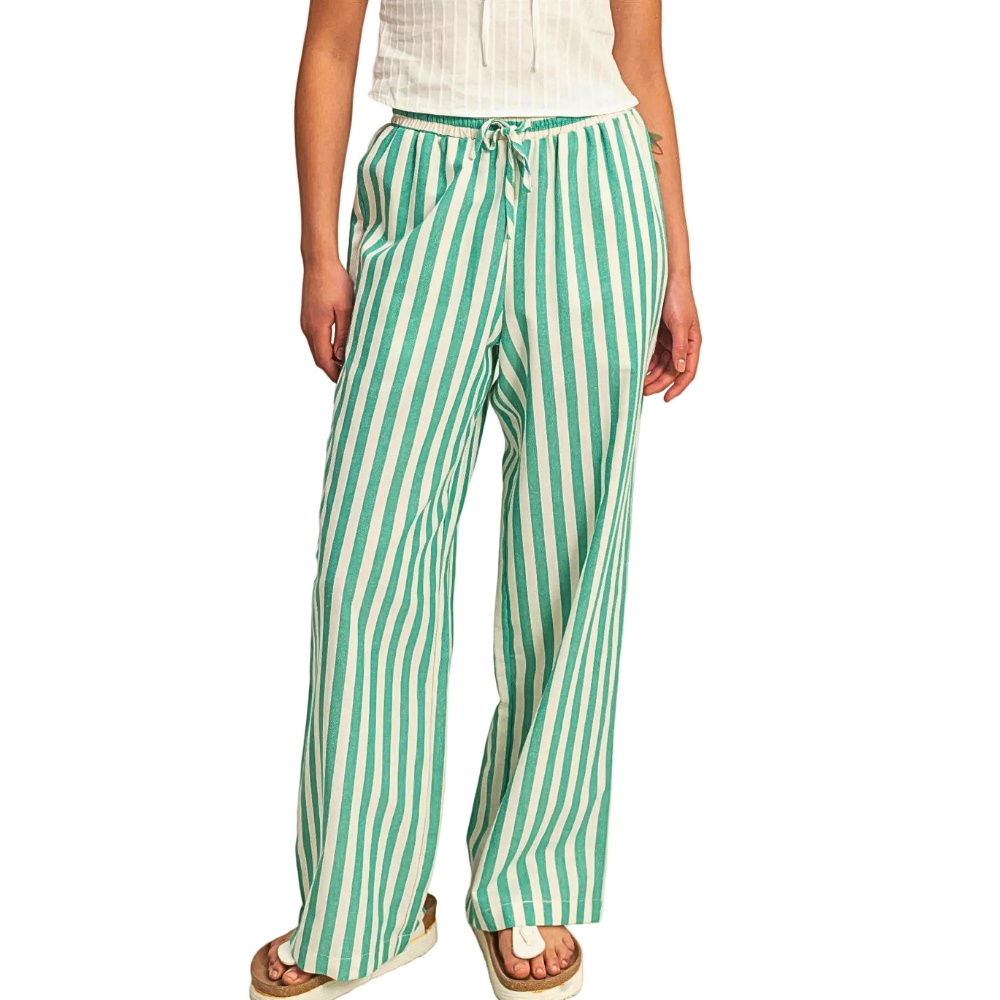 HYFVE Pants Vertical Striped Green Drawstring Waist Casual Loose With Side Pockets