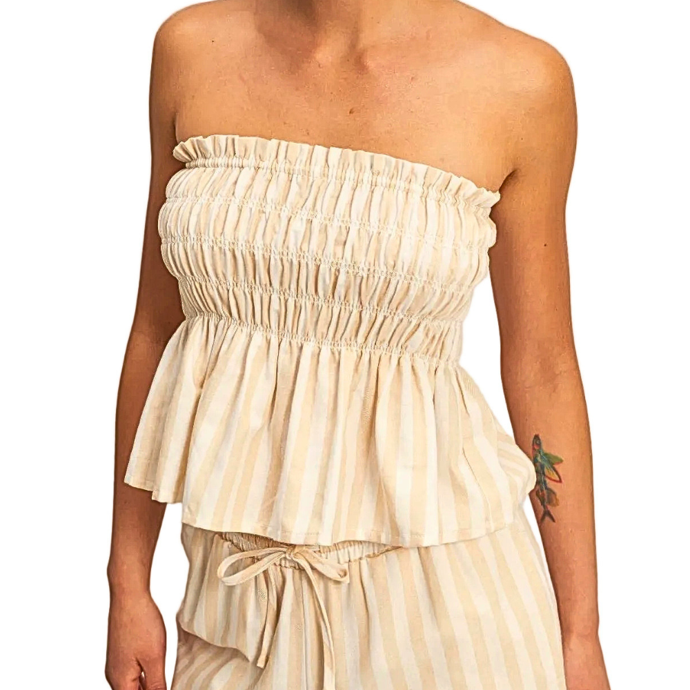 HYFVE Striped Khaki Strapless Top Ruffled Smocked Bandeau Off Shoulder Blouse