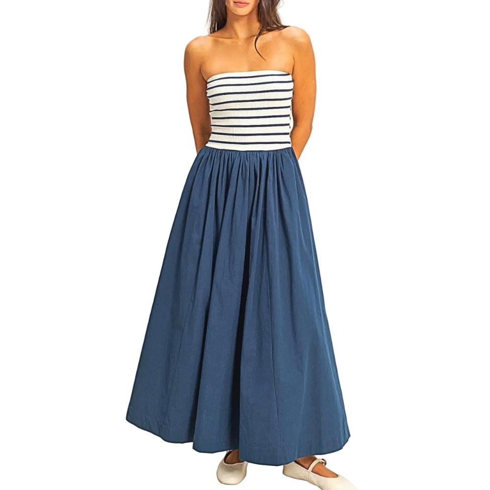 HYFVE Striped Strapless Flowy Midi Dress Denim Blue Tube A-Line Ruffle Cotton Dress