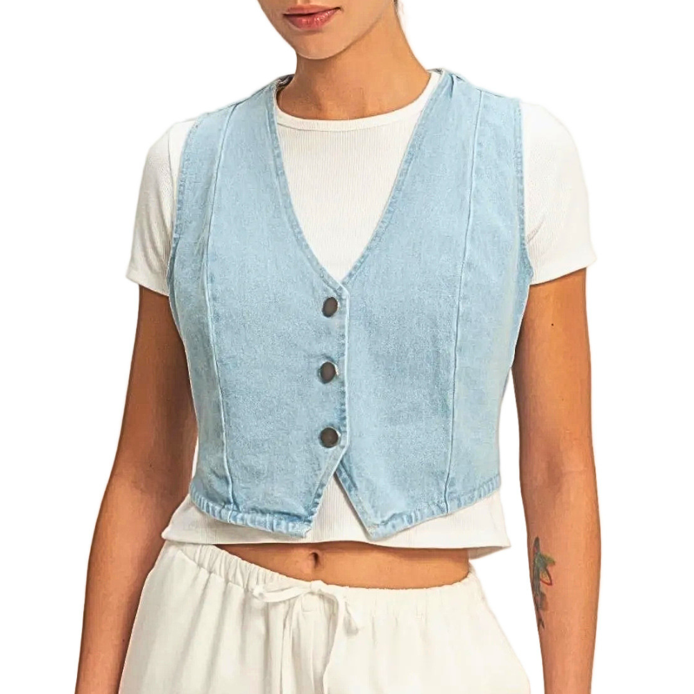 HYFVE V-Neck Sleeveless Denim Vest Light Blue Cotton Wash Fashion Women Vests