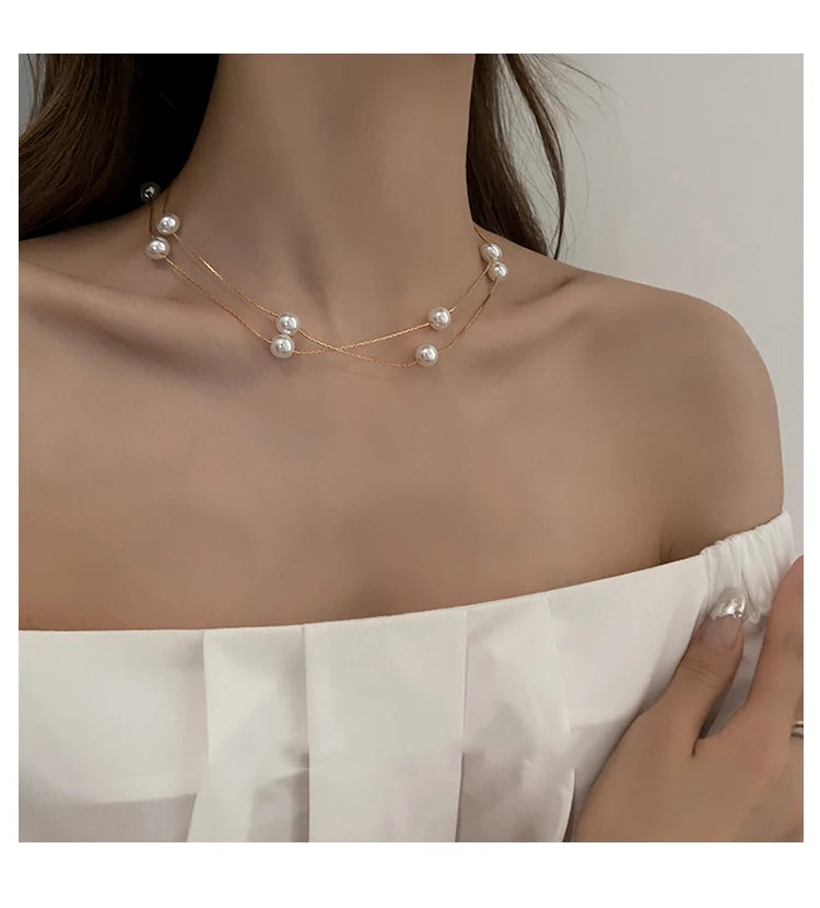 Women's Double-Layer Simulated Pearl Choker Necklace