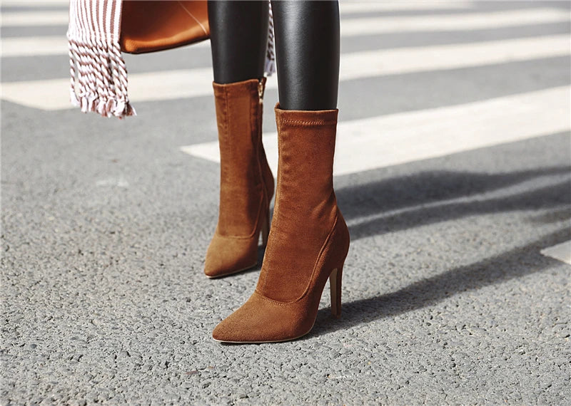Women’s High Heel Sock Ankle Boots – Pointed Toe, Plus Size