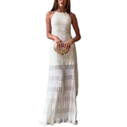 Halter Maxi Dress Ruched Ruffle Layered Sleeveless Party Backless Tied Smocked