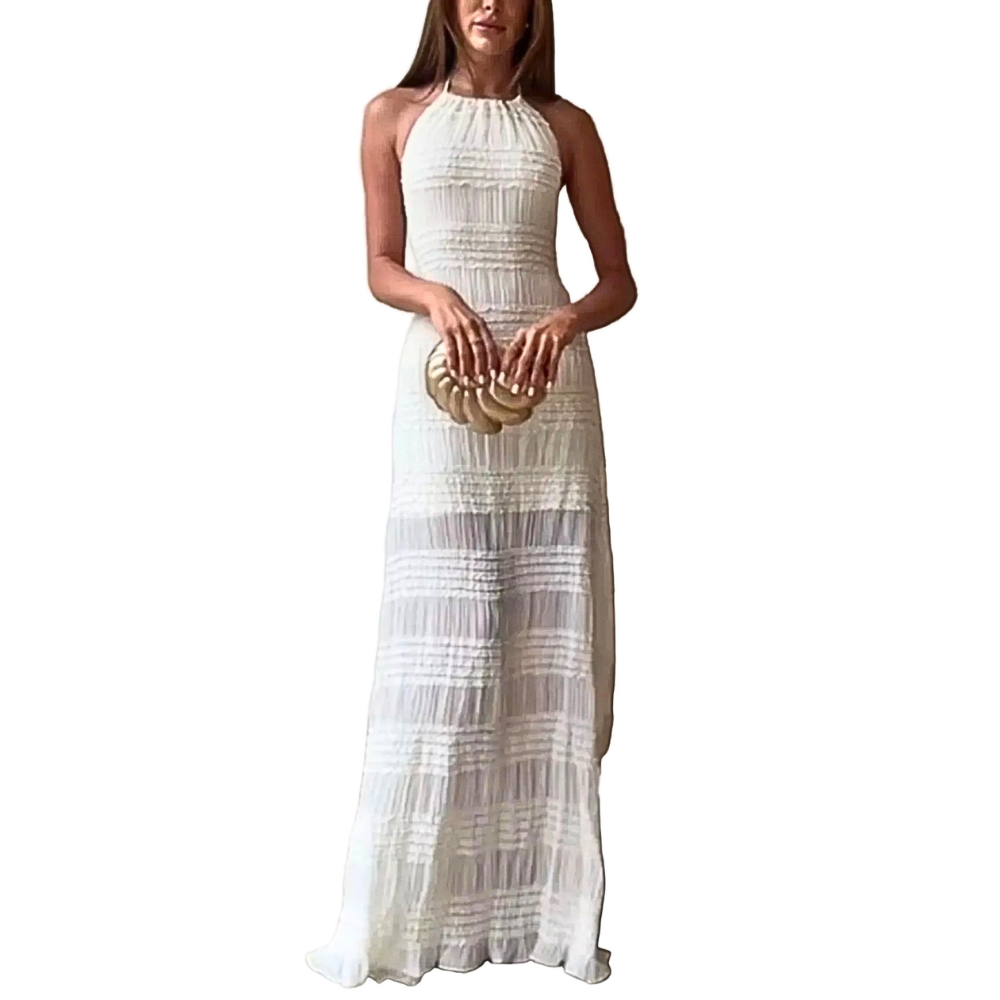 Halter Maxi Dress Ruched Ruffle Layered Sleeveless Party Backless Tied Smocked