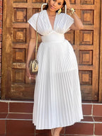 Pleated Midi Dress White V-Neck Empire High Waisted Short Cap Sleeve Party