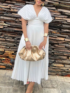 Pleated Midi Dress White V-Neck Empire High Waisted Short Cap Sleeve Party