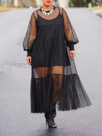 Fashion Mesh Midi Dress Black Sheer Ruffled Long Sleeve with Cami Mini Set