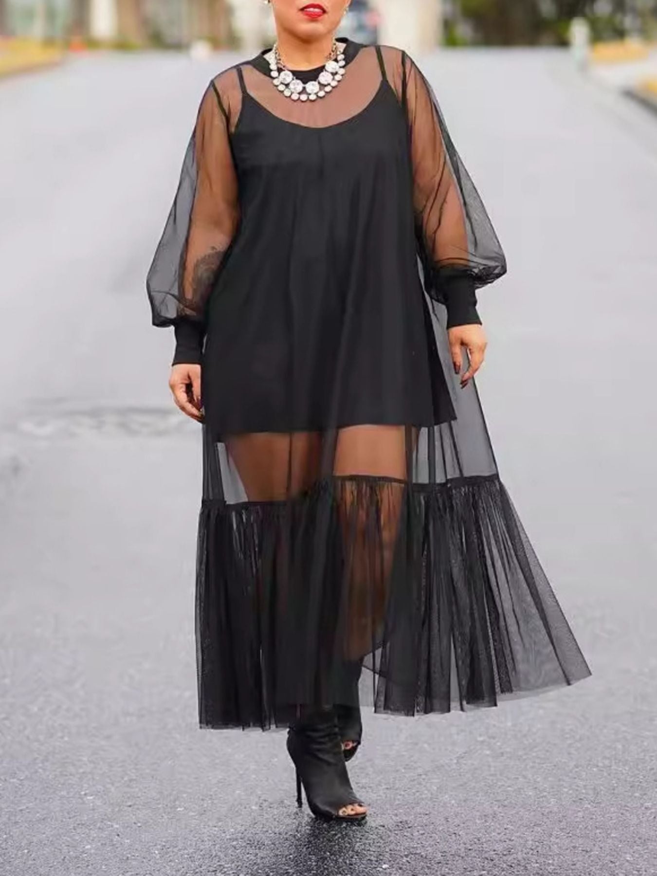Fashion Mesh Midi Dress Black Sheer Ruffled Long Sleeve with Cami Mini Set