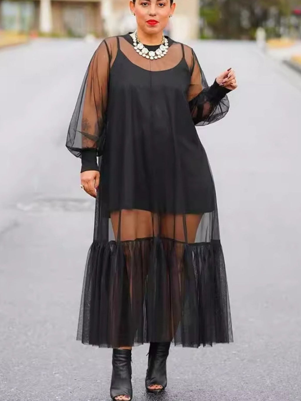 Fashion Mesh Midi Dress Black Sheer Ruffled Long Sleeve with Cami Mini Set