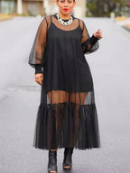 Fashion Mesh Midi Dress Black Sheer Ruffled Long Sleeve with Cami Mini Set