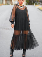 Fashion Mesh Midi Dress Black Sheer Ruffled Long Sleeve with Cami Mini Set