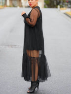 Fashion Mesh Midi Dress Black Sheer Ruffled Long Sleeve with Cami Mini Set