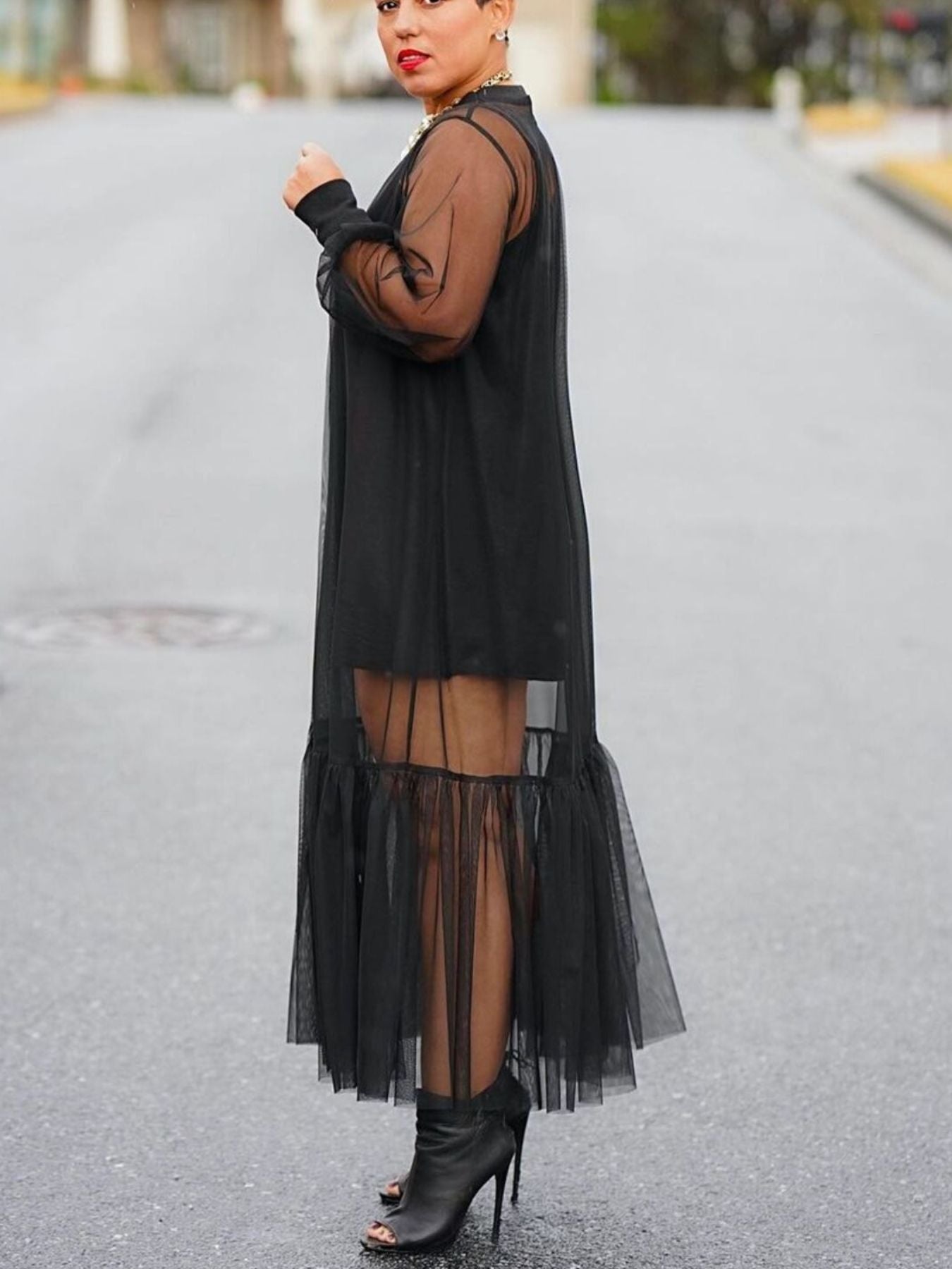 Fashion Mesh Midi Dress Black Sheer Ruffled Long Sleeve with Cami Mini Set