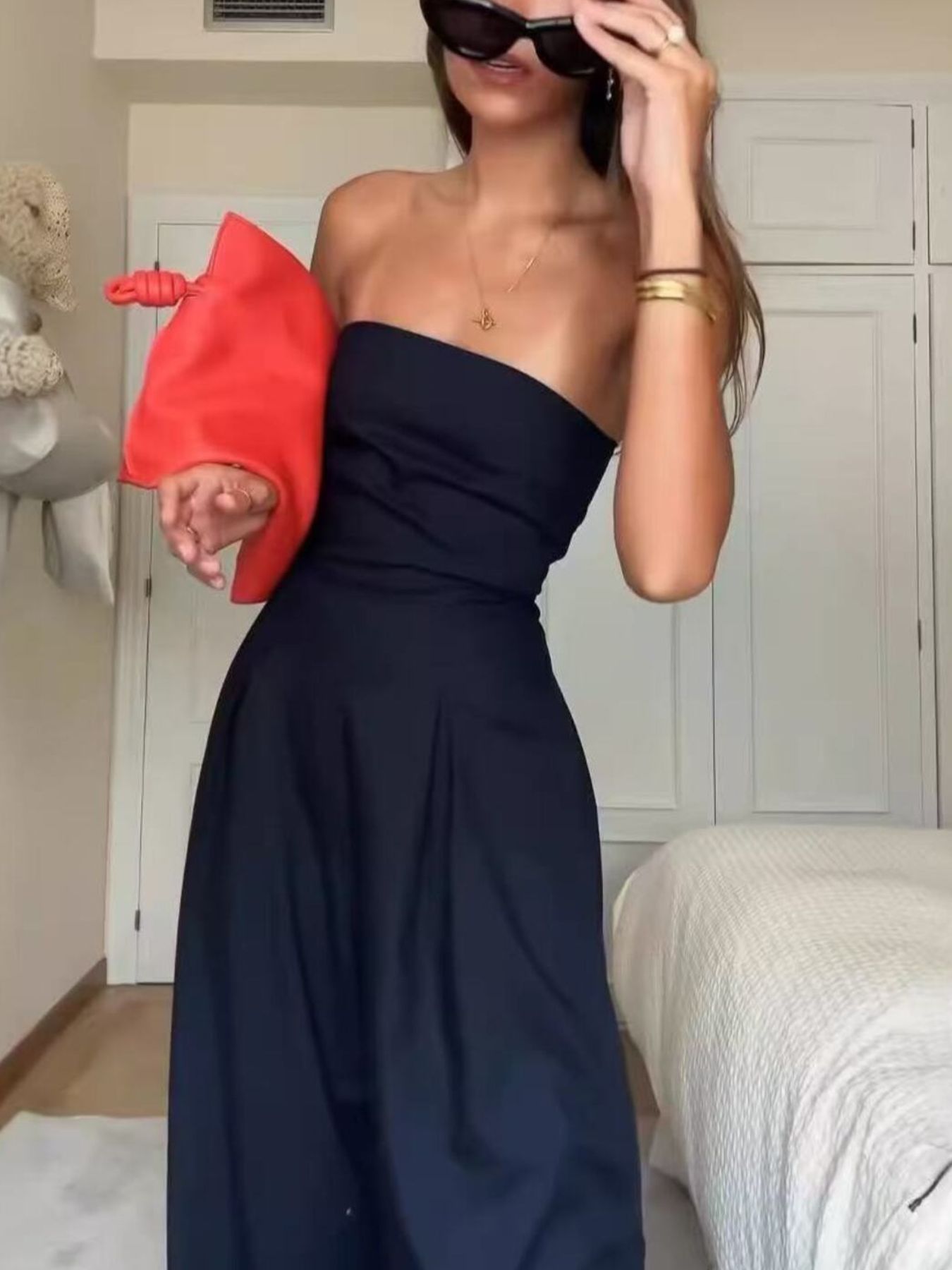 Strapless Wide-Leg Jumpsuit Casual Fashion Off Shoulder Loose Pocketed