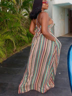 Maxi Dress Striped Deep V-Neck Sleeveless Boho Backless Tied with Pockets