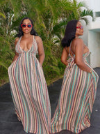Maxi Dress Striped Deep V-Neck Sleeveless Boho Backless Tied with Pockets