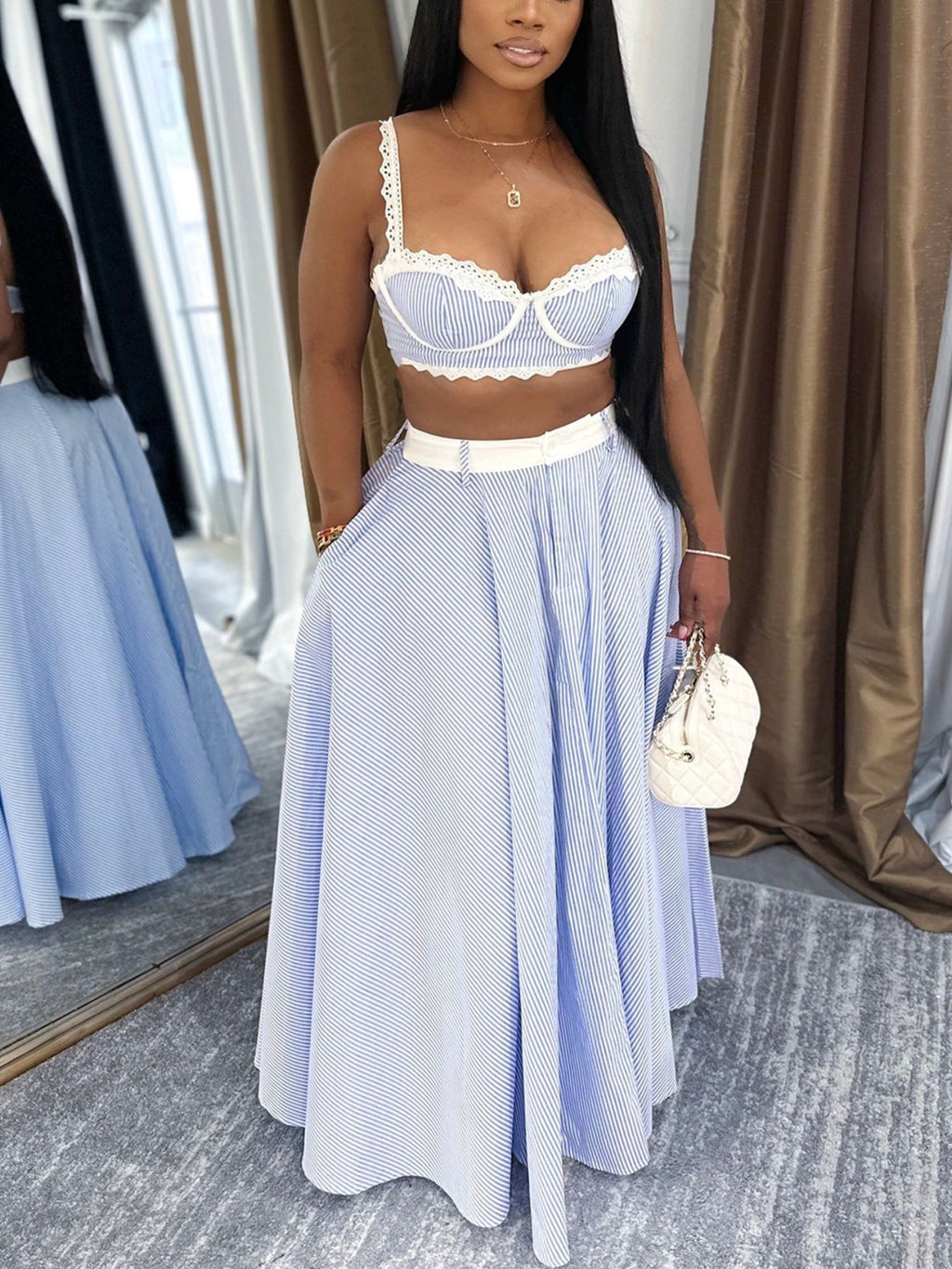 Fashion Outfit Set Striped Blue Bra Crop Cami Top and Ruffled Maxi Skirt 2 Pcs
