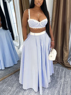 Fashion Outfit Set Striped Blue Bra Crop Cami Top and Ruffled Maxi Skirt 2 Pcs