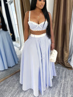 Fashion Outfit Set Striped Blue Bra Crop Cami Top and Ruffled Maxi Skirt 2 Pcs