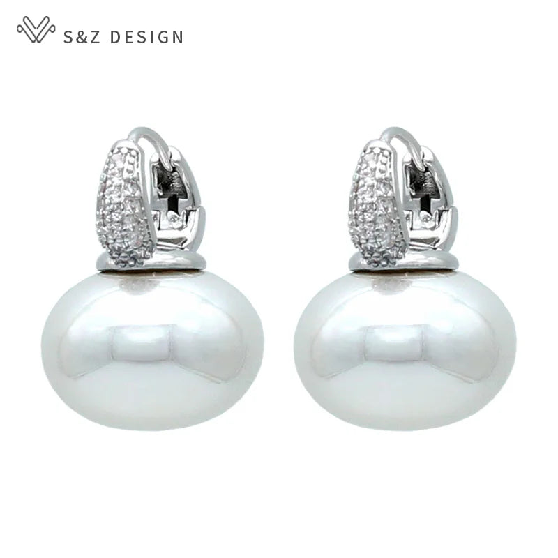 Women's Simulated Pearl Drop Earrings with Cubic Zirconia