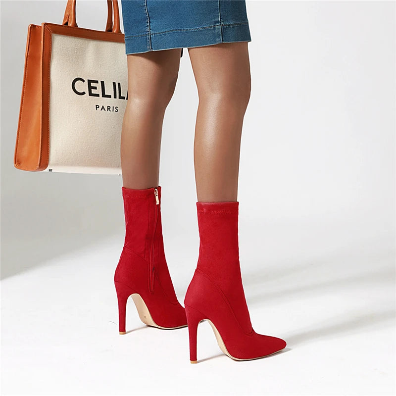 Women’s High Heel Sock Ankle Boots – Pointed Toe, Plus Size
