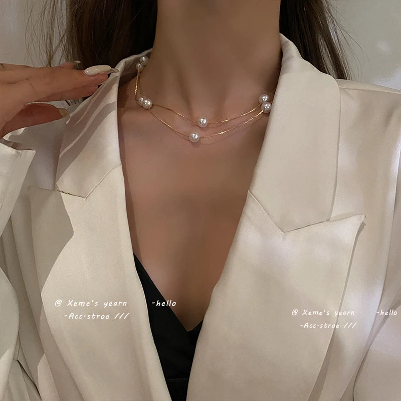 Women's Double-Layer Simulated Pearl Choker Necklace