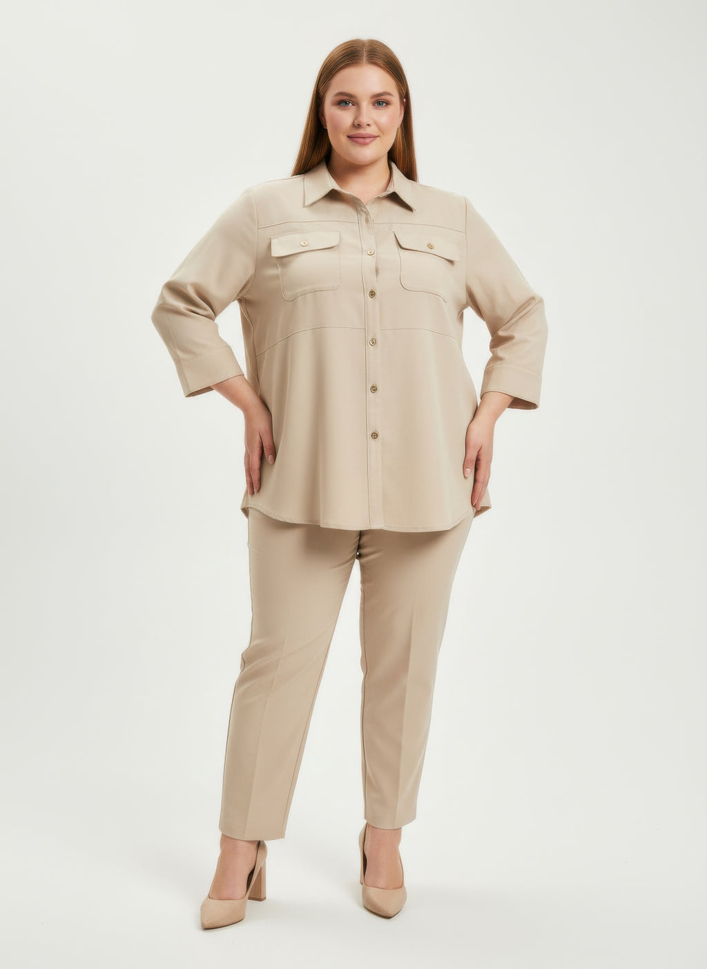 Sand Utility Plus Size Tunic Women's Sand Beige Shirt Button-up 3/4 Sleeve Top