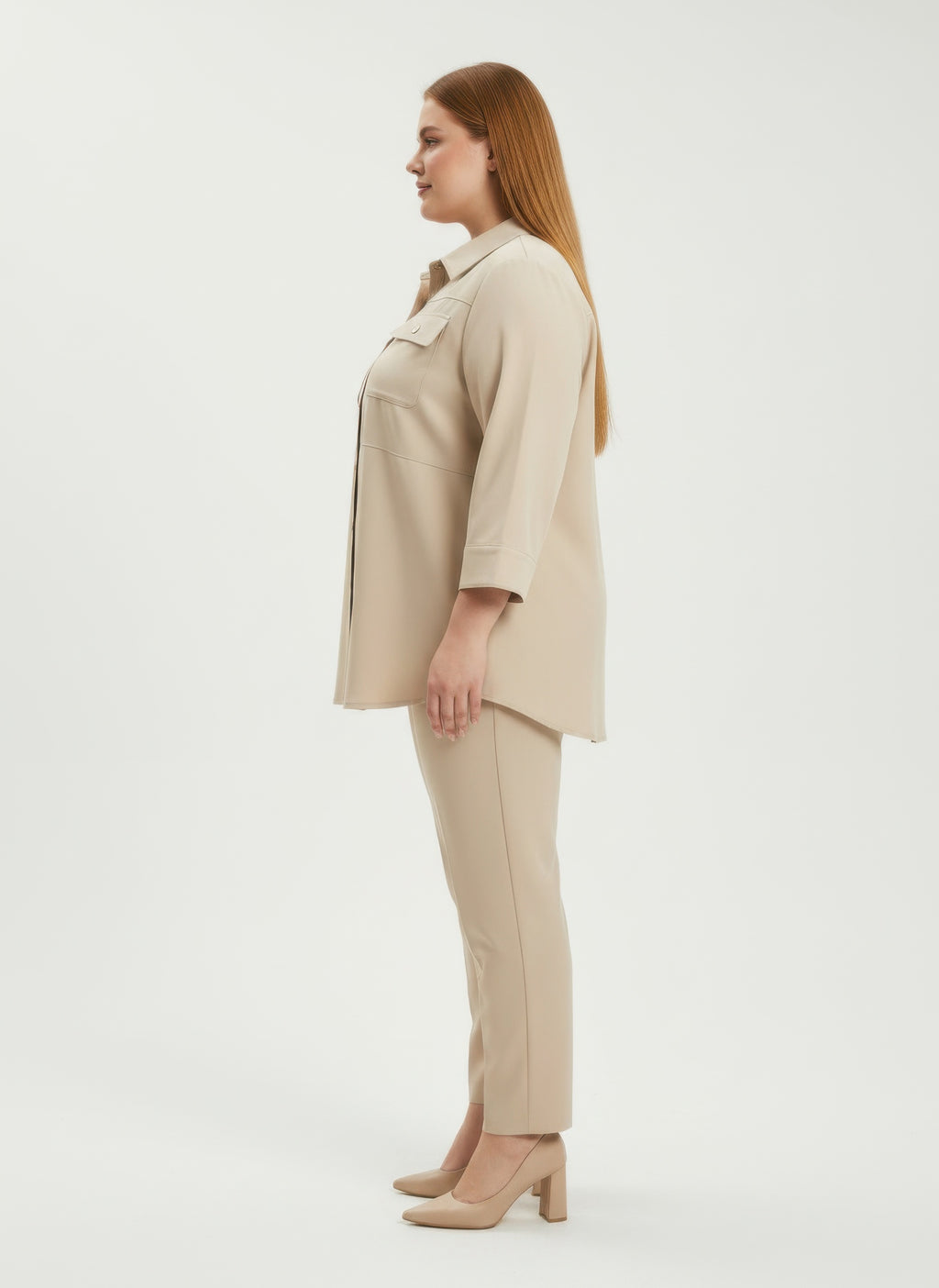 Sand Utility Plus Size Tunic Women's Sand Beige Shirt Button-up 3/4 Sleeve Top