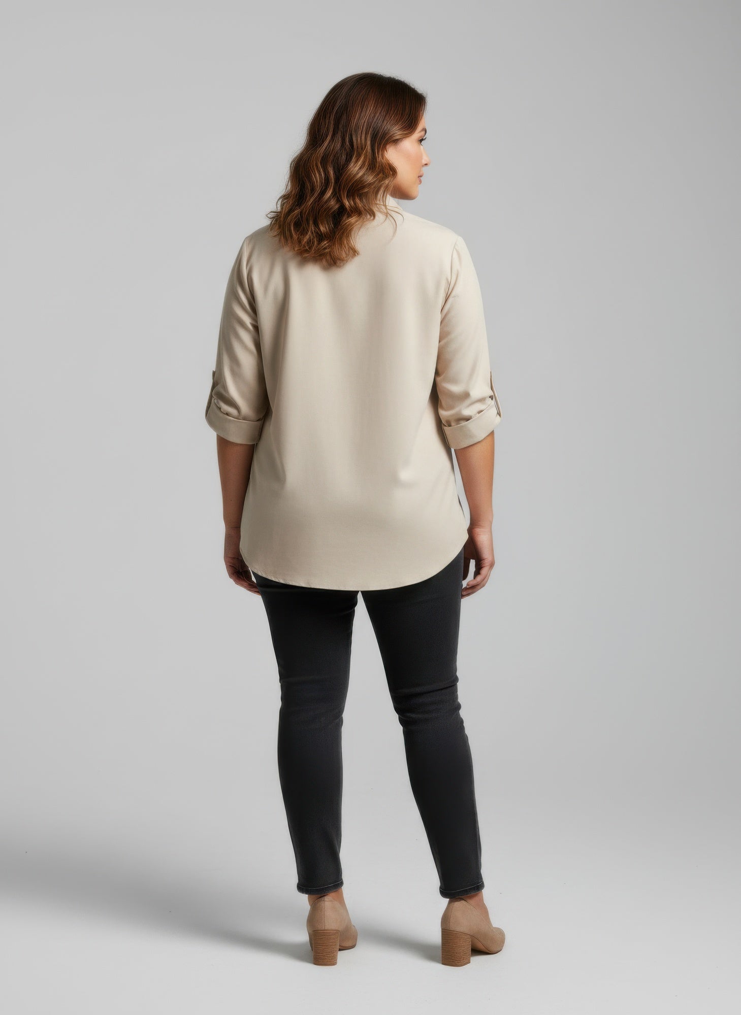 Sand Utility Plus Size Tunic Women's Sand Beige Shirt Button-up 3/4 Sleeve Top