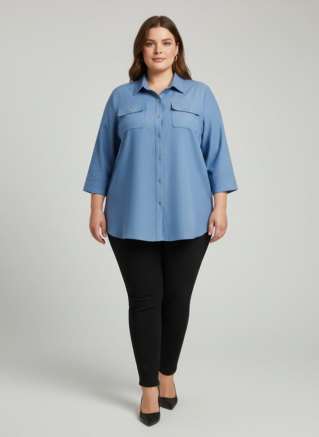 Sand Utility Plus Size Tunic Women's Denim Blue Shirt Button-up 3/4 Sleeve Top