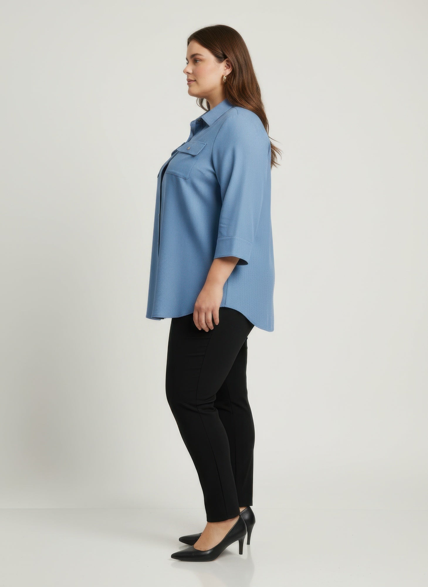 Sand Utility Plus Size Tunic Women's Denim Blue Shirt Button-up 3/4 Sleeve Top