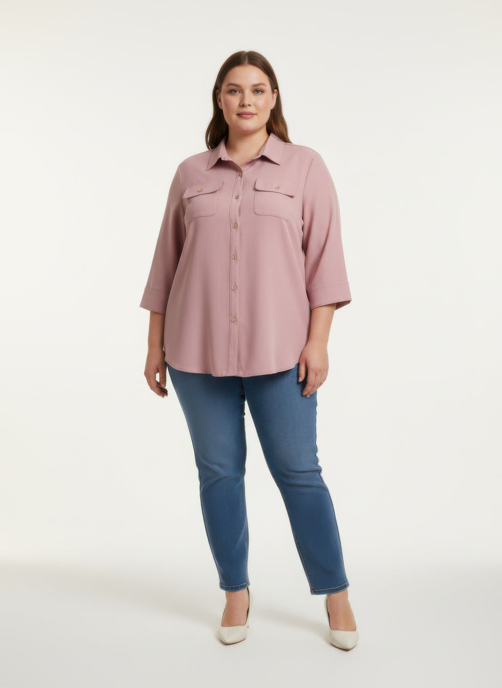 Sand Utility Plus Size Tunic Women's Sand Pink Shirt Button-up 3/4 Sleeve Top