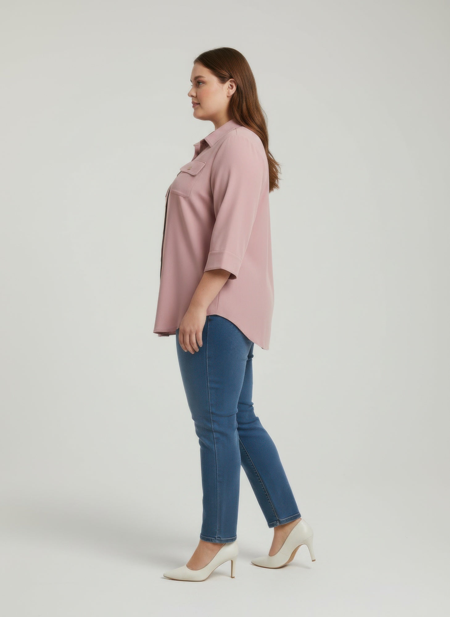 Sand Utility Plus Size Tunic Women's Sand Pink Shirt Button-up 3/4 Sleeve Top